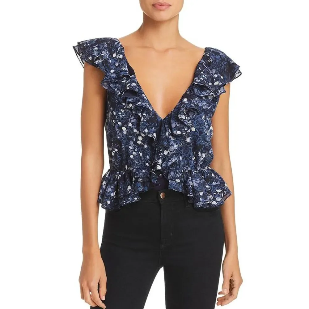 Bardot Womens Emily Blue Floral Flutter Sleeves Ruffled Bodysuit Top NWOT